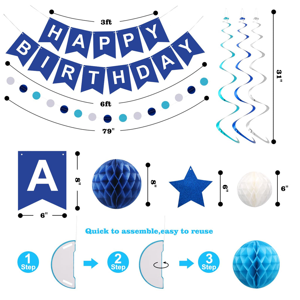 Meowtastic Birthday Decorations: Happy Banner, Honeycomb Balls, Stars Swirl Streamers, Circle Dots Garland - Blue