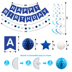 Meowtastic Birthday Decorations: Happy Banner, Honeycomb Balls, Stars Swirl Streamers, Circle Dots Garland - Blue