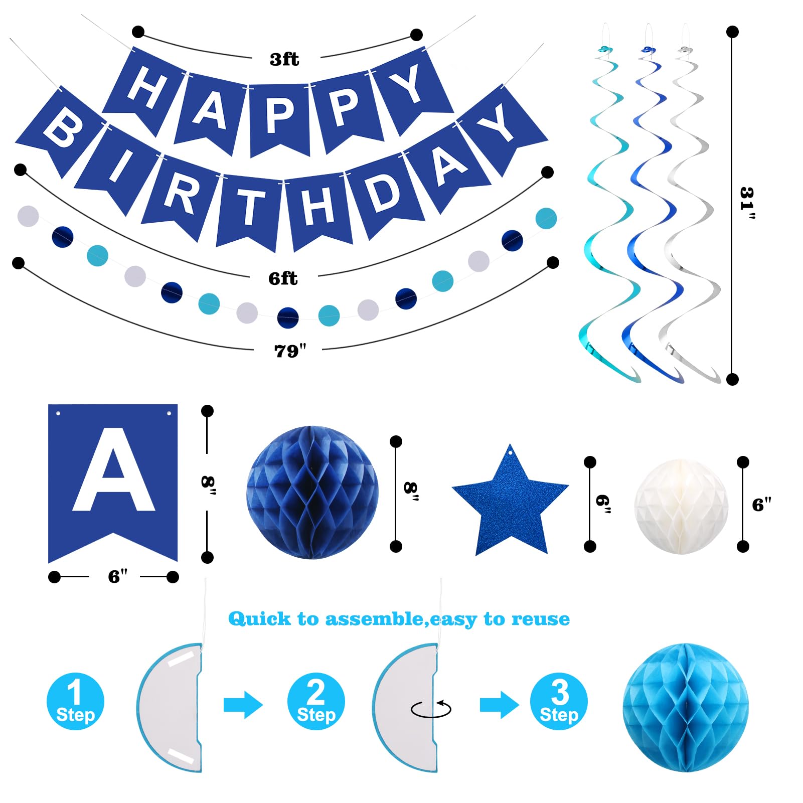 Meowtastic Birthday Decorations: Happy Banner, Honeycomb Balls, Stars Swirl Streamers, Circle Dots Garland - Blue