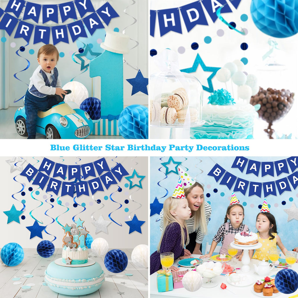Meowtastic Birthday Decorations: Happy Banner, Honeycomb Balls, Stars Swirl Streamers, Circle Dots Garland - Blue