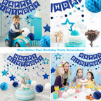 Meowtastic Birthday Decorations: Happy Banner, Honeycomb Balls, Stars Swirl Streamers, Circle Dots Garland - Blue