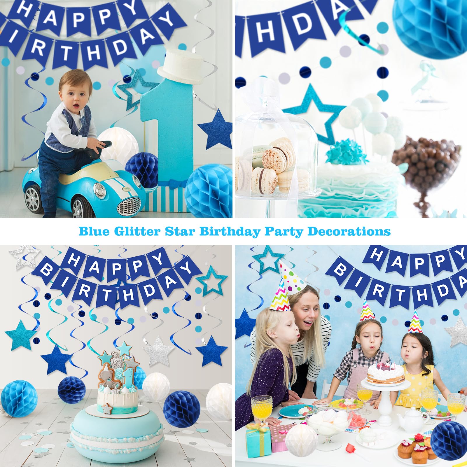 Meowtastic Birthday Decorations: Happy Banner, Honeycomb Balls, Stars Swirl Streamers, Circle Dots Garland - Blue