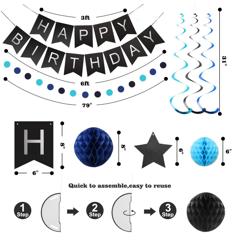 Meowtastic Birthday Decorations Set | Banner, Honeycomb Balls, Stars Swirl Streamers, Circle Dots Garland (Black & Blue)