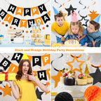 Meowtastic Birthday Decorations – Black & Orange Banner, Honeycomb Balls & Star Streamers