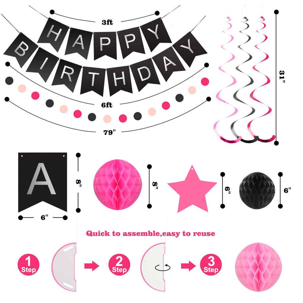 Meowtastic Birthday Decorations: Banner, Honeycomb Balls, Stars Swirl Streamers & Circle Dots Garland (Black & Pink)