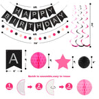 Meowtastic Birthday Decorations: Banner, Honeycomb Balls, Stars Swirl Streamers & Circle Dots Garland (Black & Pink)