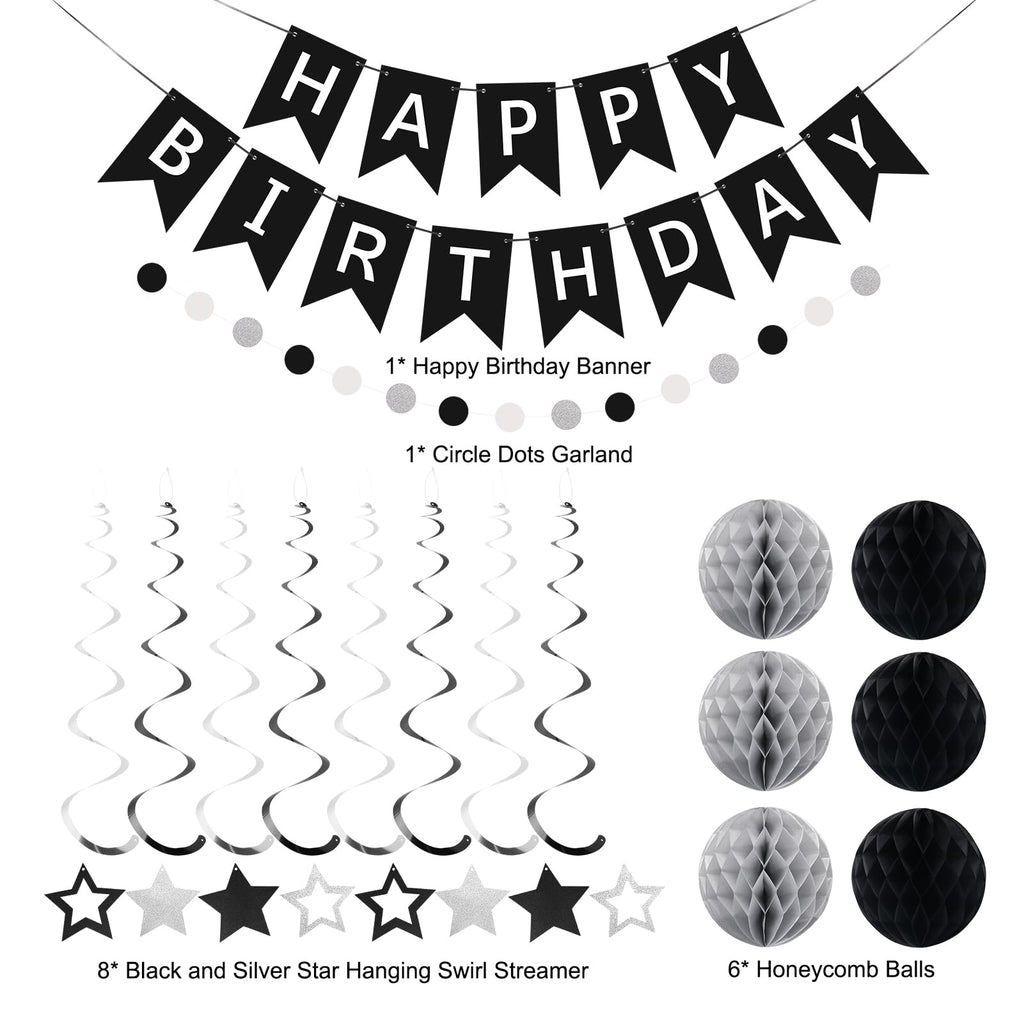 meowtastic Birthday Decorations - Happy Birthday Banner, Honeycomb Balls & Star Streamers in Black & Silver
