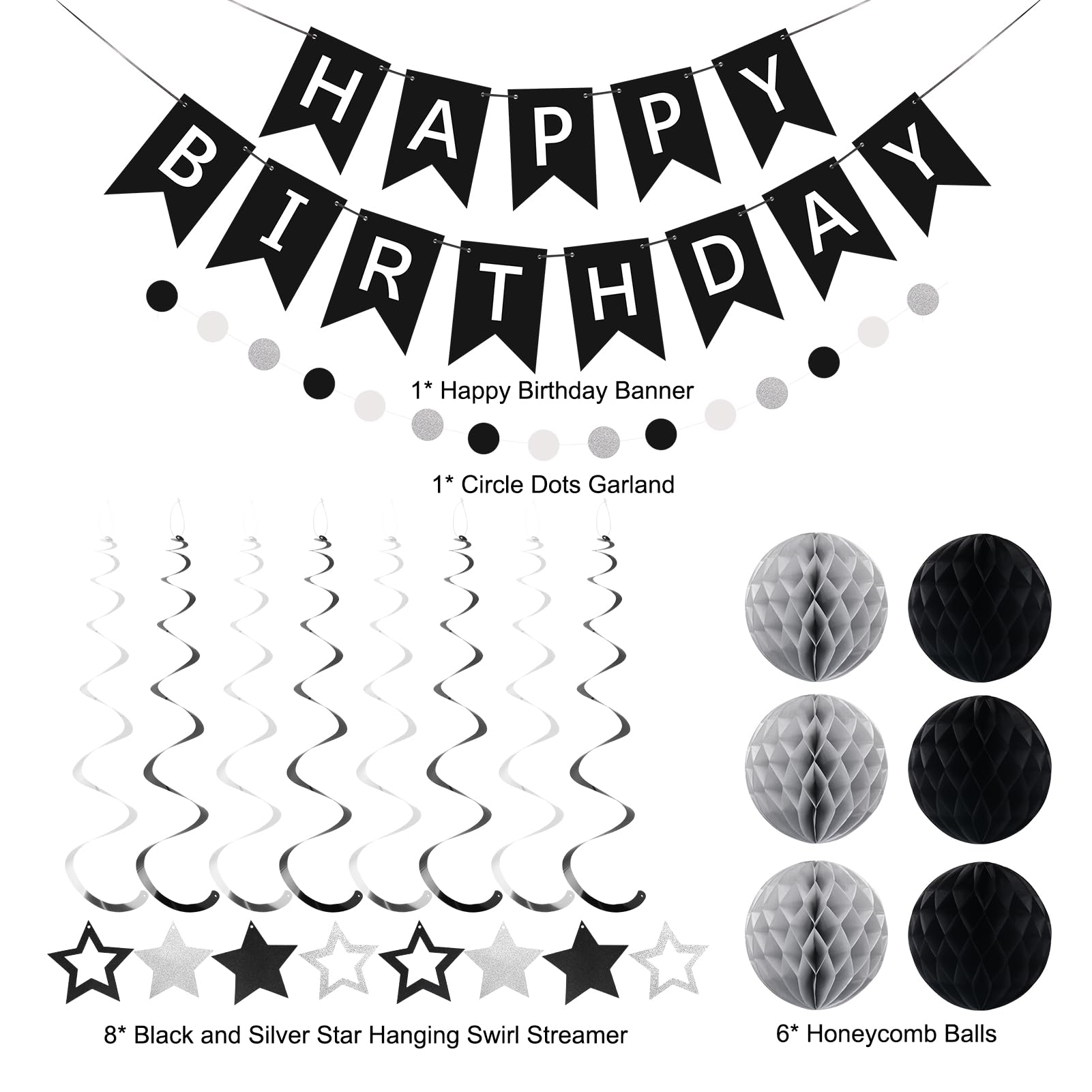 meowtastic Birthday Decorations - Happy Birthday Banner, Honeycomb Balls & Star Streamers in Black & Silver