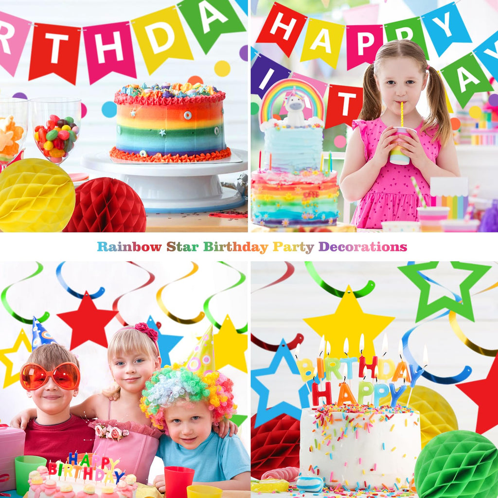 Meowtastic Rainbow Birthday Decorations – Banner, Honeycomb Balls & Stars Swirls