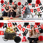 Meowtastic Birthday Decorations - Banner, Honeycomb Balls, Star Streamers & Dots Garland (Red & Black)