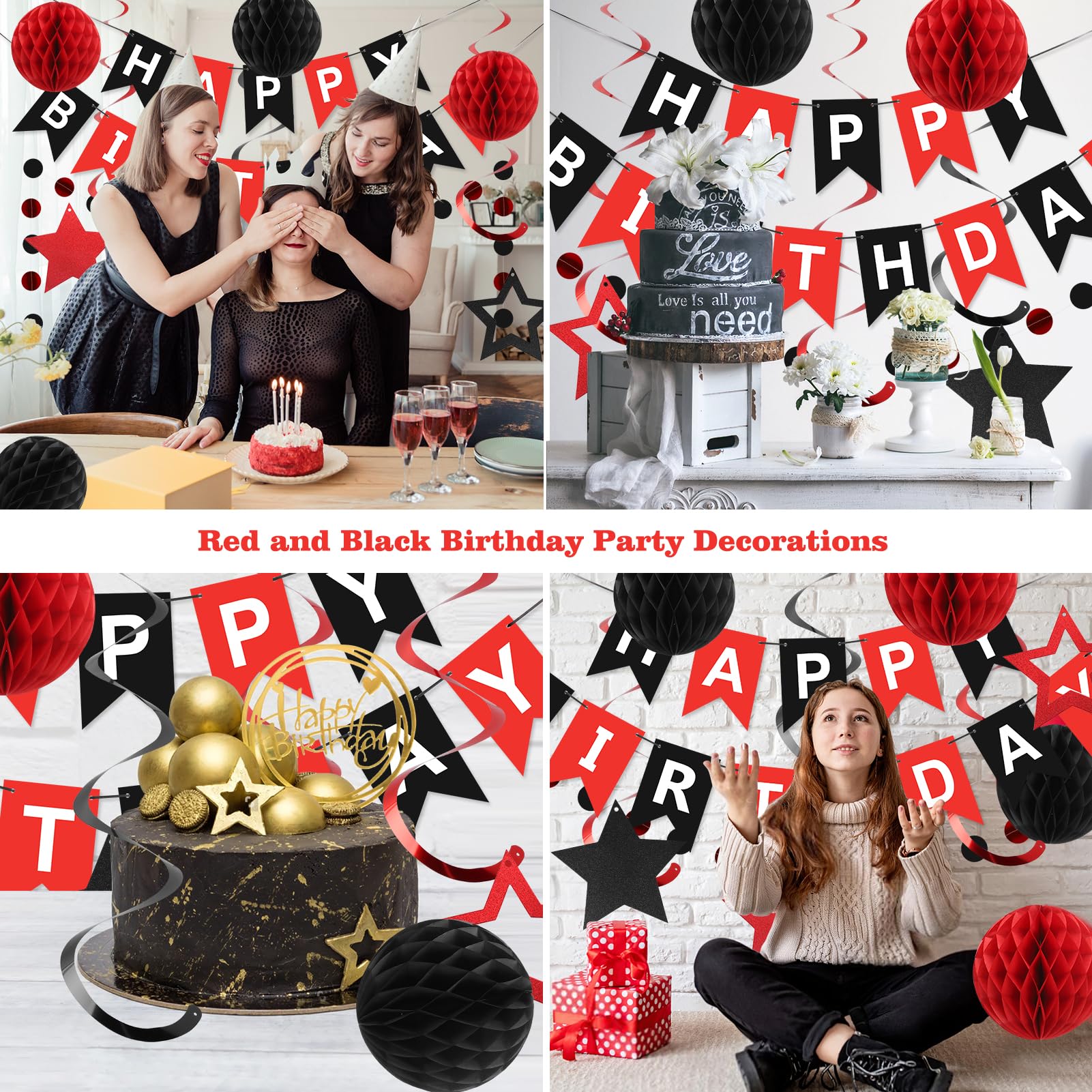 Meowtastic Birthday Decorations - Banner, Honeycomb Balls, Star Streamers & Dots Garland (Red & Black)