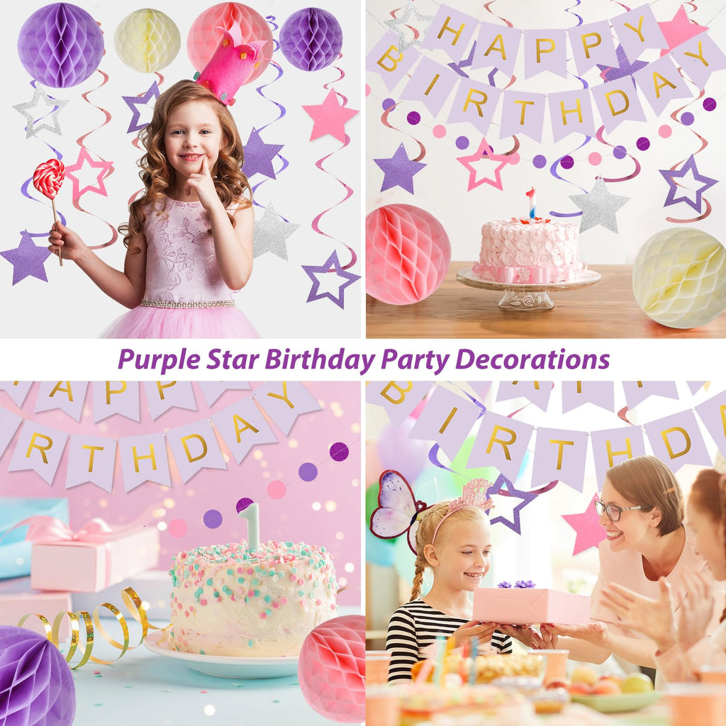 Meowtastic Birthday Decorations – Purple Banner, Honeycomb Balls, Stars Swirls & Circle Dots