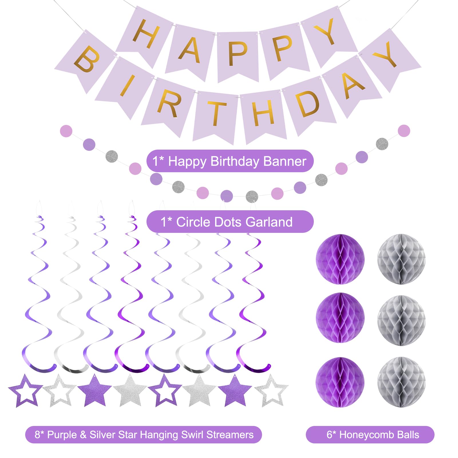 Meowtastic Birthday Decorations - Banner, Honeycomb Balls, Stars Swirls, Circle Dots (Purple & Silver)