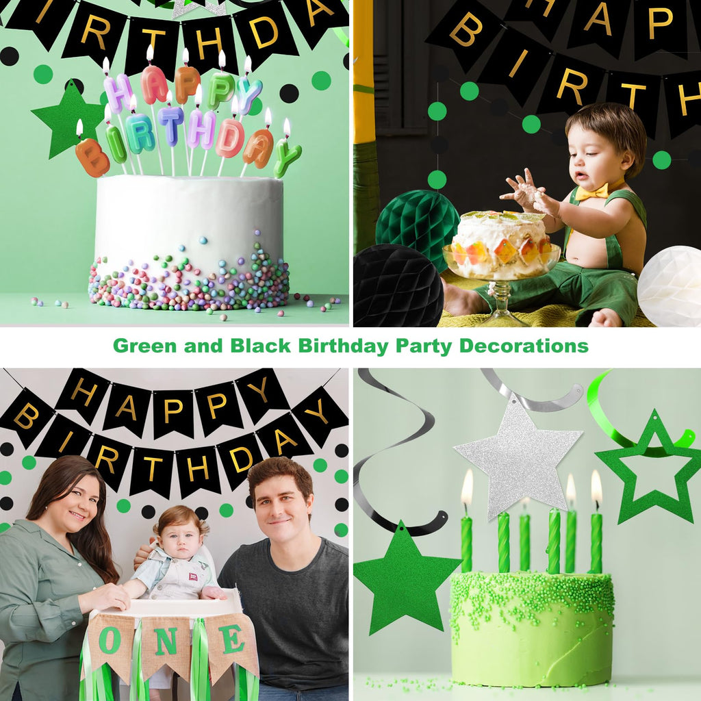 Meowtastic Birthday Decorations — Happy Birthday Banner, Honeycomb Balls, Star Swirl Streamers, Circle Dots (Green & Black)
