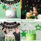 Meowtastic Birthday Decorations — Happy Birthday Banner, Honeycomb Balls, Star Swirl Streamers, Circle Dots (Green & Black)