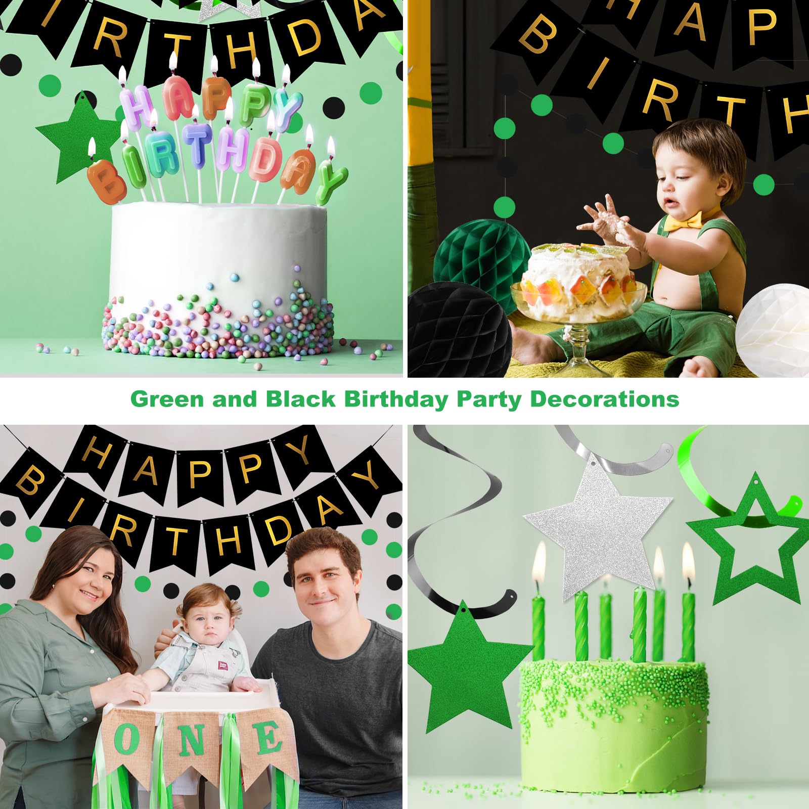 Meowtastic Birthday Decorations — Happy Birthday Banner, Honeycomb Balls, Star Swirl Streamers, Circle Dots (Green & Black)