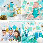 Meowtastic Birthday Decorations – Banner, Honeycomb Balls, Stars Swirls, Circle Dots (Mint)