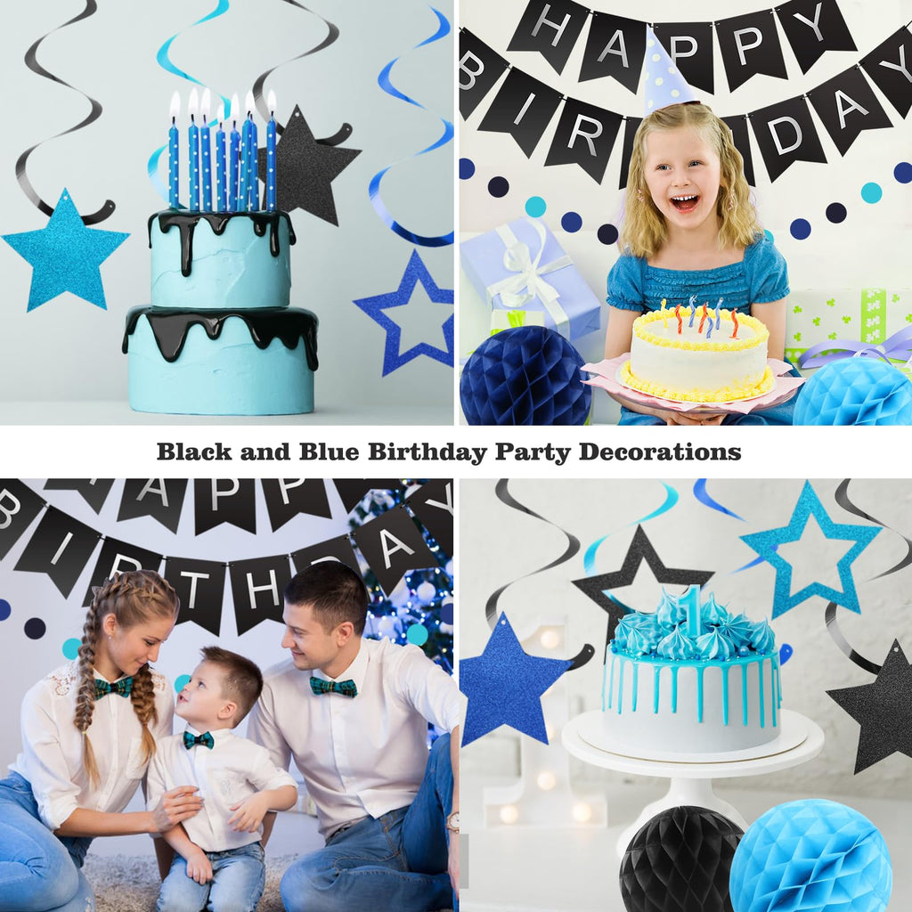 Meowtastic Birthday Decorations Set | Banner, Honeycomb Balls, Stars Swirl Streamers, Circle Dots Garland (Black & Blue)