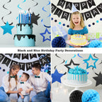 Meowtastic Birthday Decorations Set | Banner, Honeycomb Balls, Stars Swirl Streamers, Circle Dots Garland (Black & Blue)