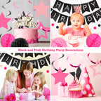 Meowtastic Birthday Decorations: Banner, Honeycomb Balls, Stars Swirl Streamers & Circle Dots Garland (Black & Pink)