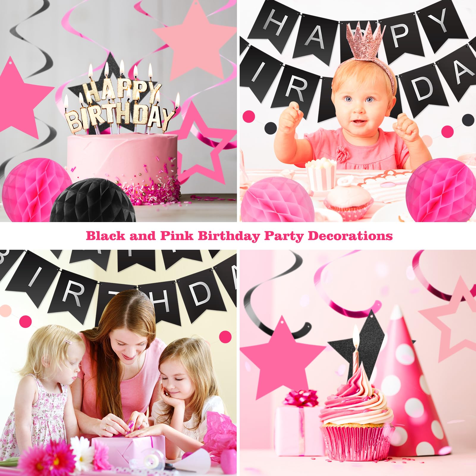 Meowtastic Birthday Decorations: Banner, Honeycomb Balls, Stars Swirl Streamers & Circle Dots Garland (Black & Pink)