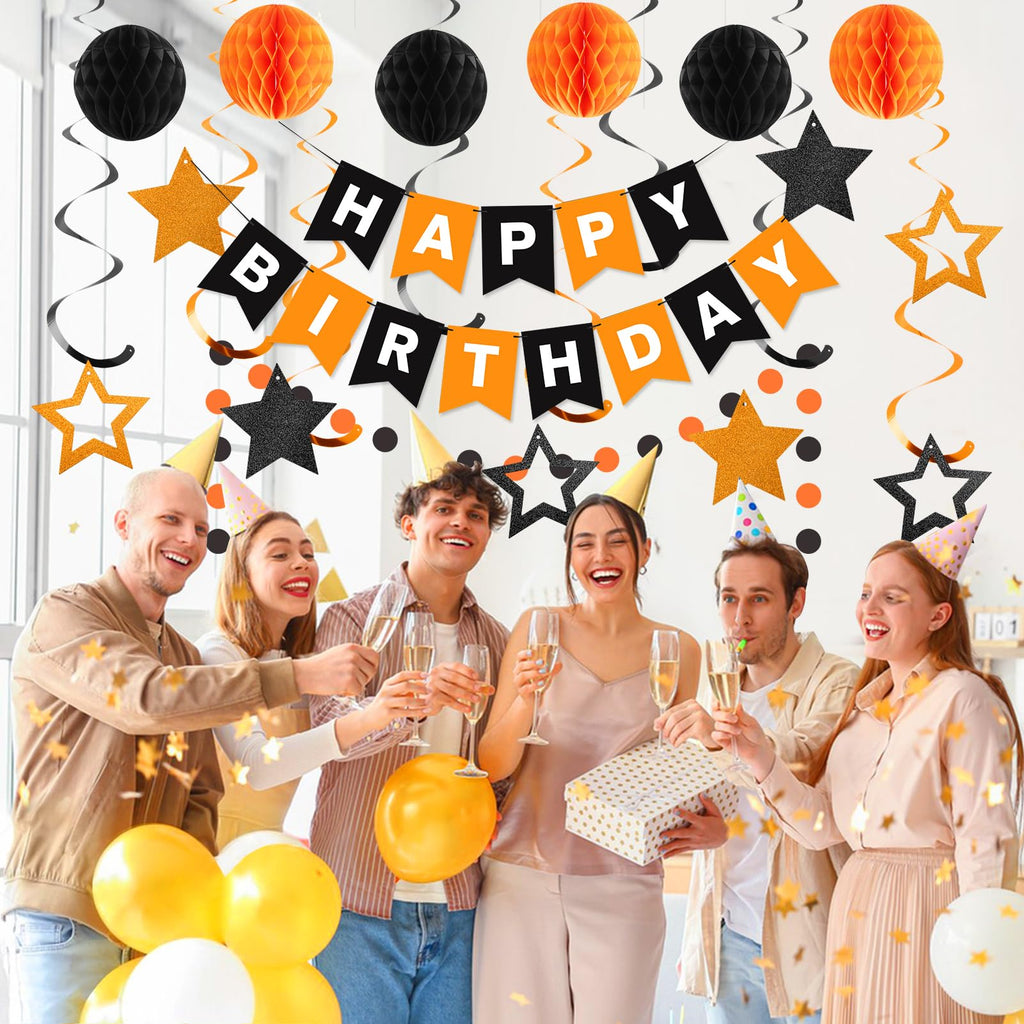 Meowtastic Birthday Decorations – Black & Orange Banner, Honeycomb Balls & Star Streamers