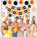 Meowtastic Birthday Decorations – Black & Orange Banner, Honeycomb Balls & Star Streamers