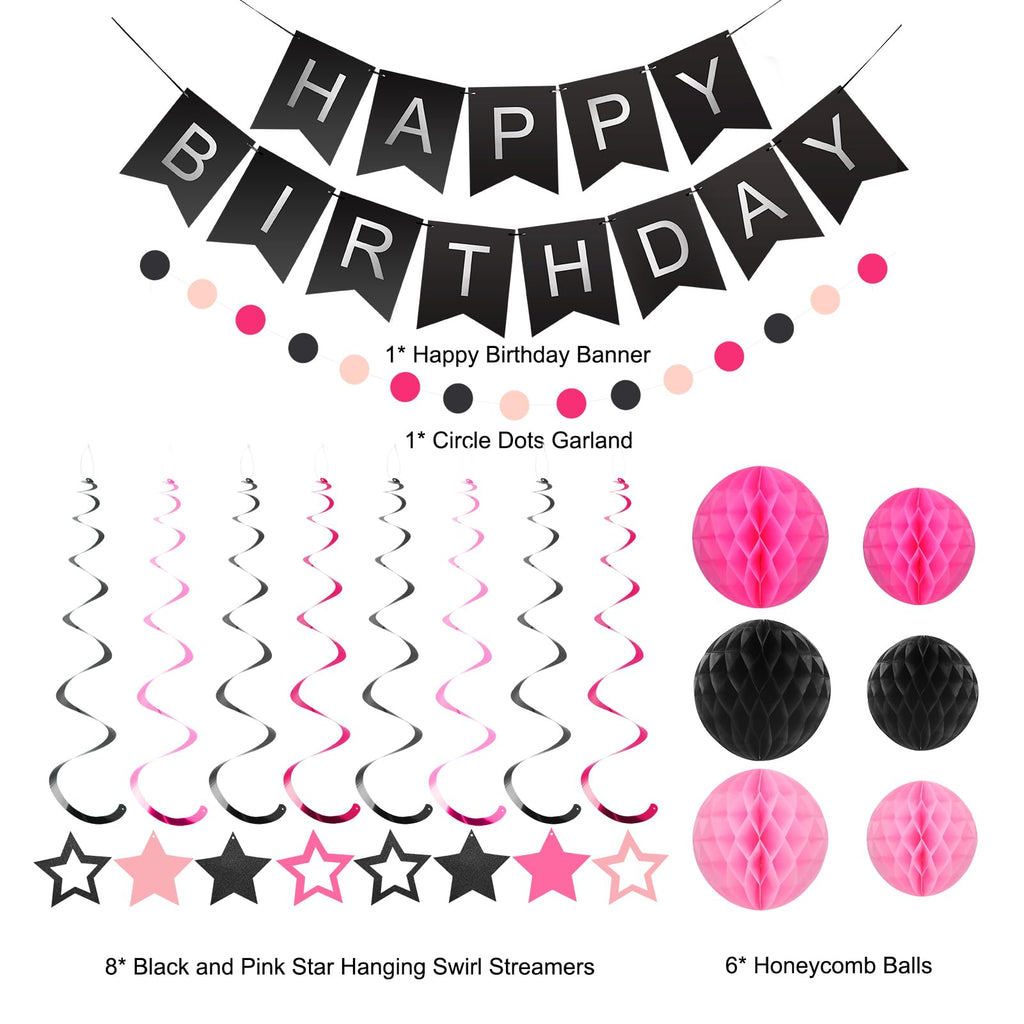 Meowtastic Birthday Decorations: Banner, Honeycomb Balls, Stars Swirl Streamers & Circle Dots Garland (Black & Pink)
