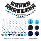 Meowtastic Birthday Decorations Set | Banner, Honeycomb Balls, Stars Swirl Streamers, Circle Dots Garland (Black & Blue)