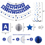 Meowtastic Birthday Decorations — Blue & Silver Banner, Honeycomb Balls & Swirl Streamers