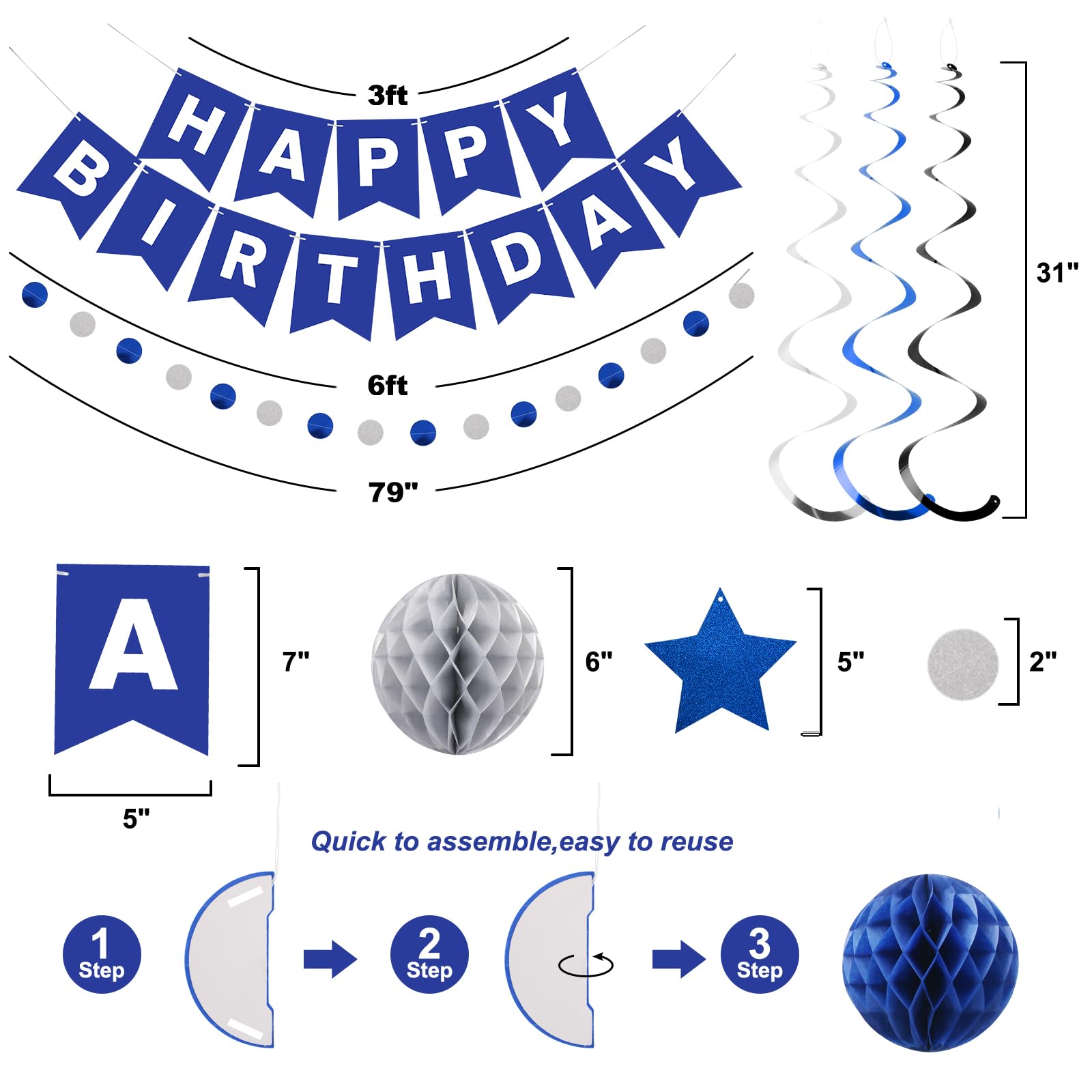 Meowtastic Birthday Decorations — Blue & Silver Banner, Honeycomb Balls & Swirl Streamers