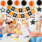 Meowtastic Birthday Decorations – Black & Orange Banner, Honeycomb Balls & Star Streamers