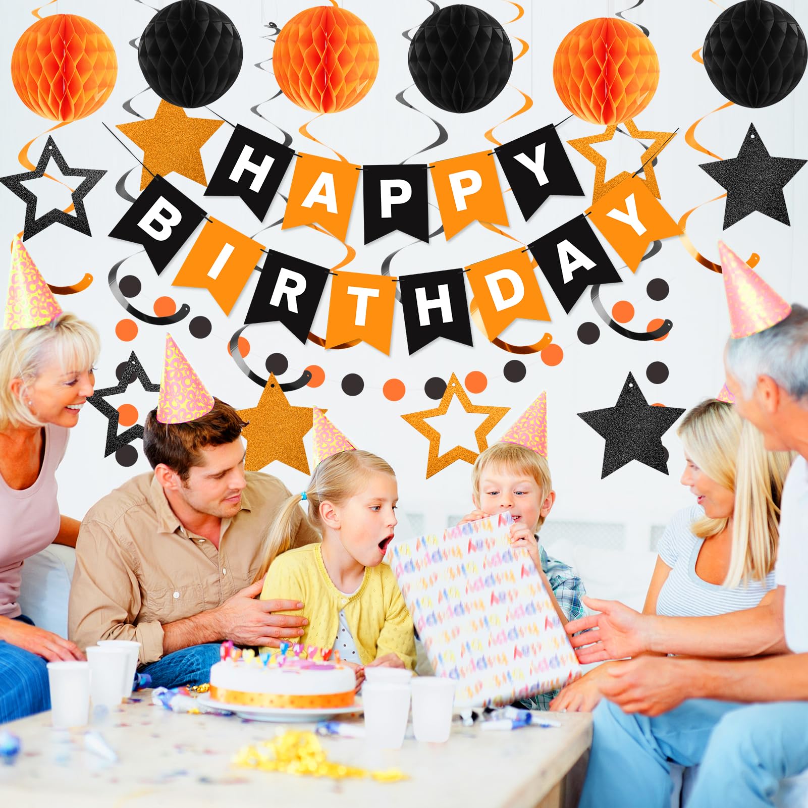 Meowtastic Birthday Decorations – Black & Orange Banner, Honeycomb Balls & Star Streamers