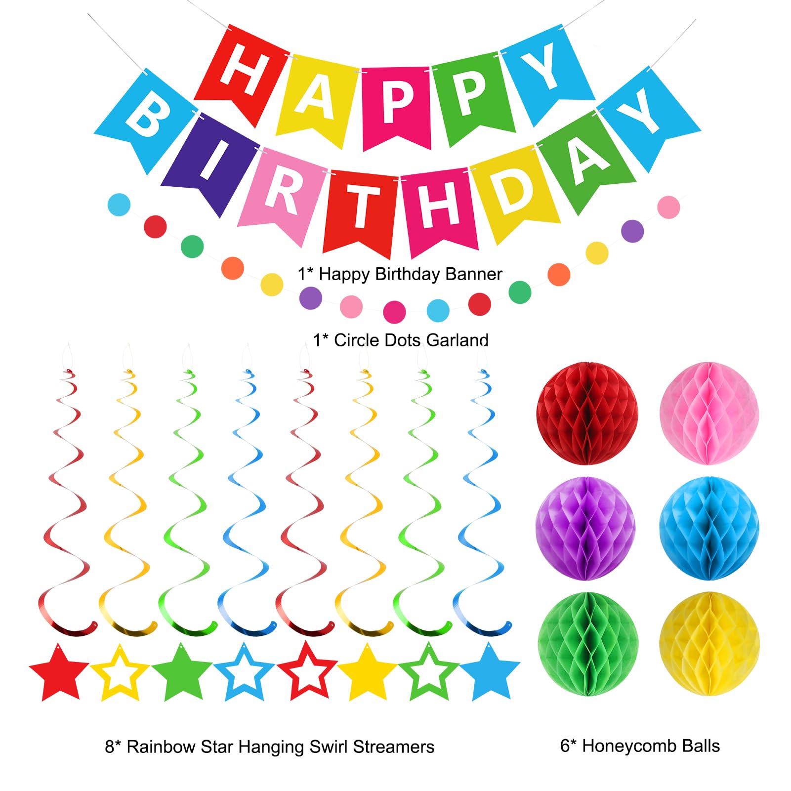 Meowtastic Rainbow Birthday Decorations – Banner, Honeycomb Balls & Stars Swirls