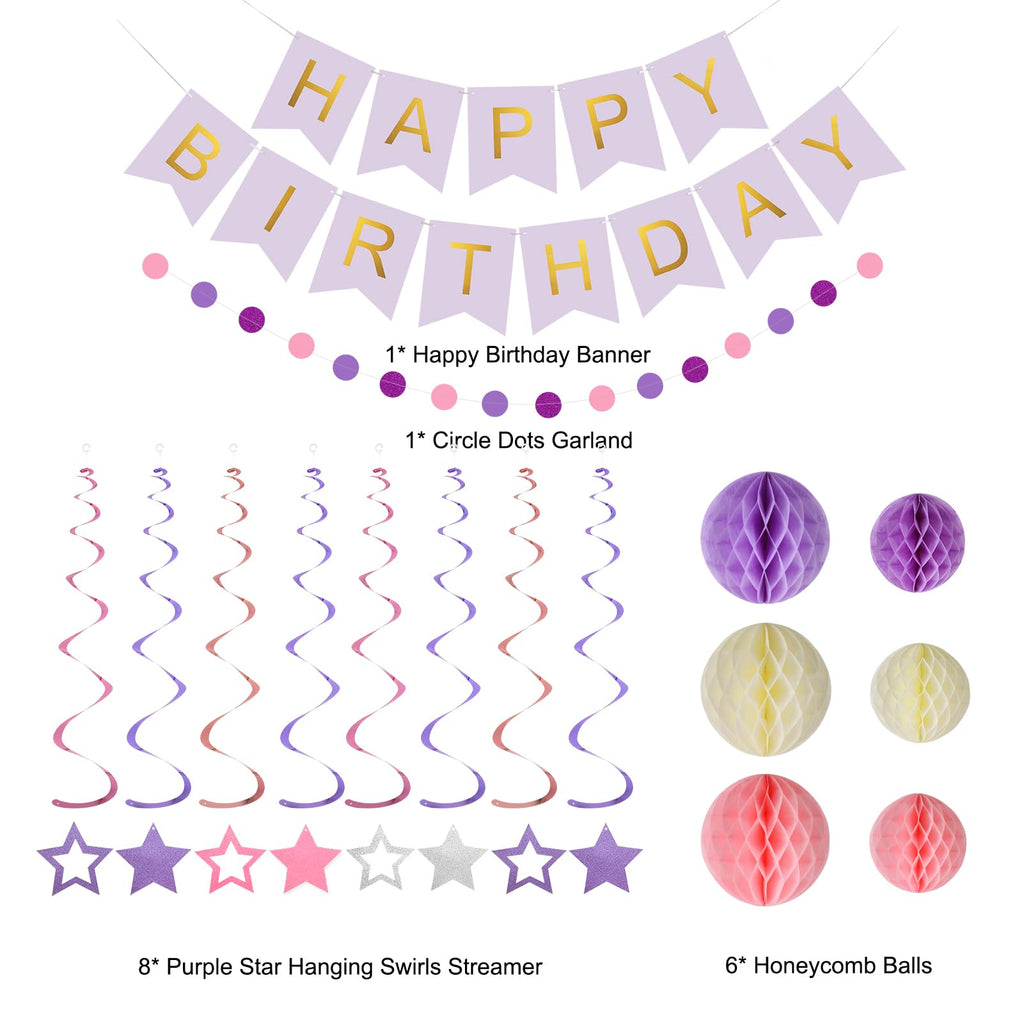 Meowtastic Birthday Decorations – Purple Banner, Honeycomb Balls, Stars Swirls & Circle Dots