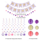 Meowtastic Birthday Decorations – Purple Banner, Honeycomb Balls, Stars Swirls & Circle Dots