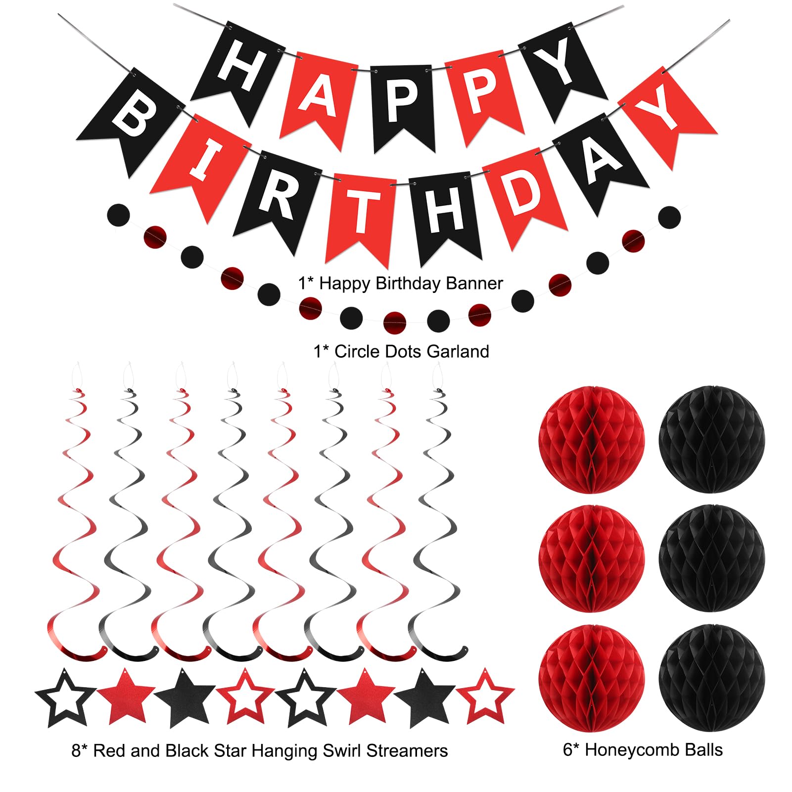 Meowtastic Birthday Decorations - Banner, Honeycomb Balls, Star Streamers & Dots Garland (Red & Black)