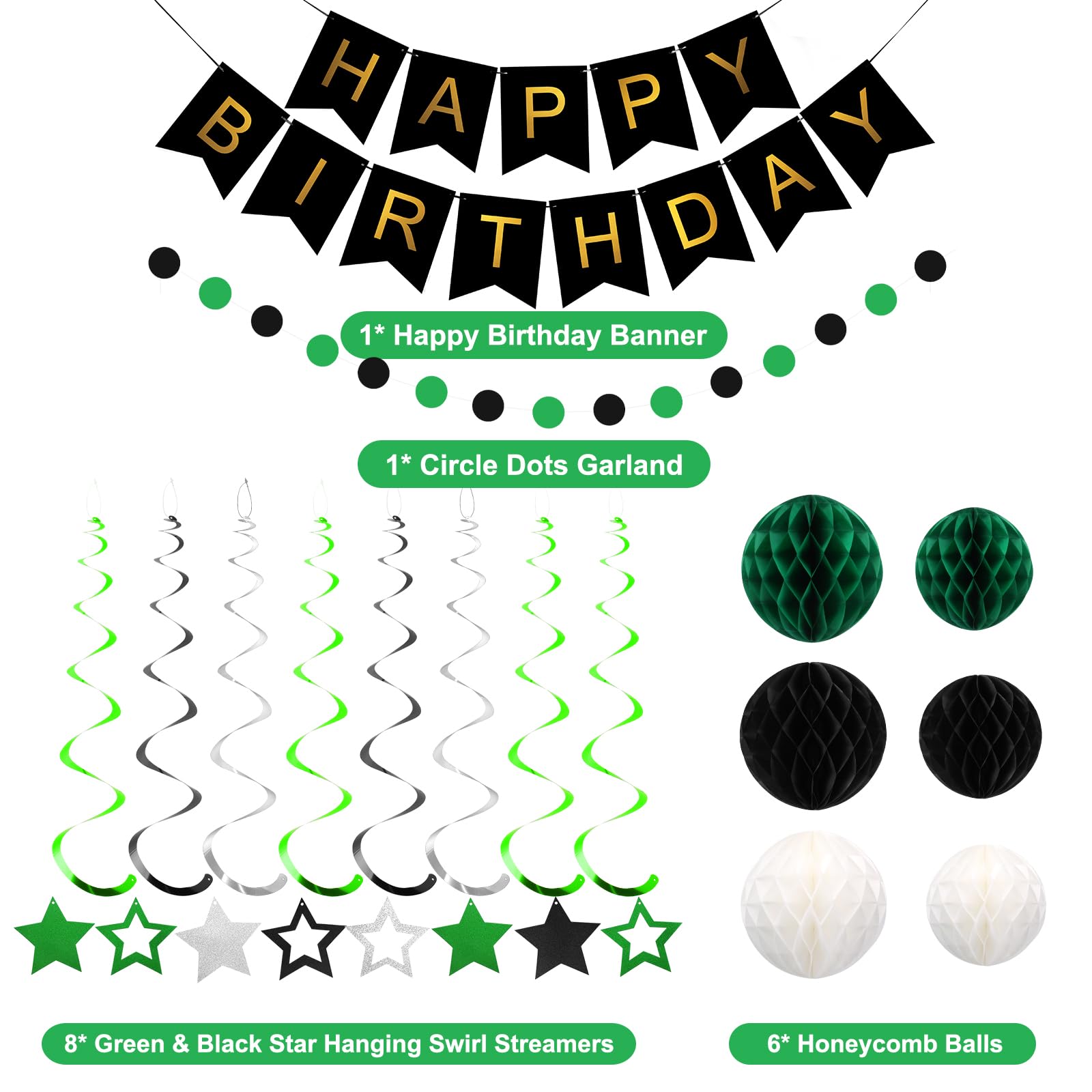 Meowtastic Birthday Decorations — Happy Birthday Banner, Honeycomb Balls, Star Swirl Streamers, Circle Dots (Green & Black)