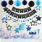 Meowtastic Birthday Decorations Set | Banner, Honeycomb Balls, Stars Swirl Streamers, Circle Dots Garland (Black & Blue)