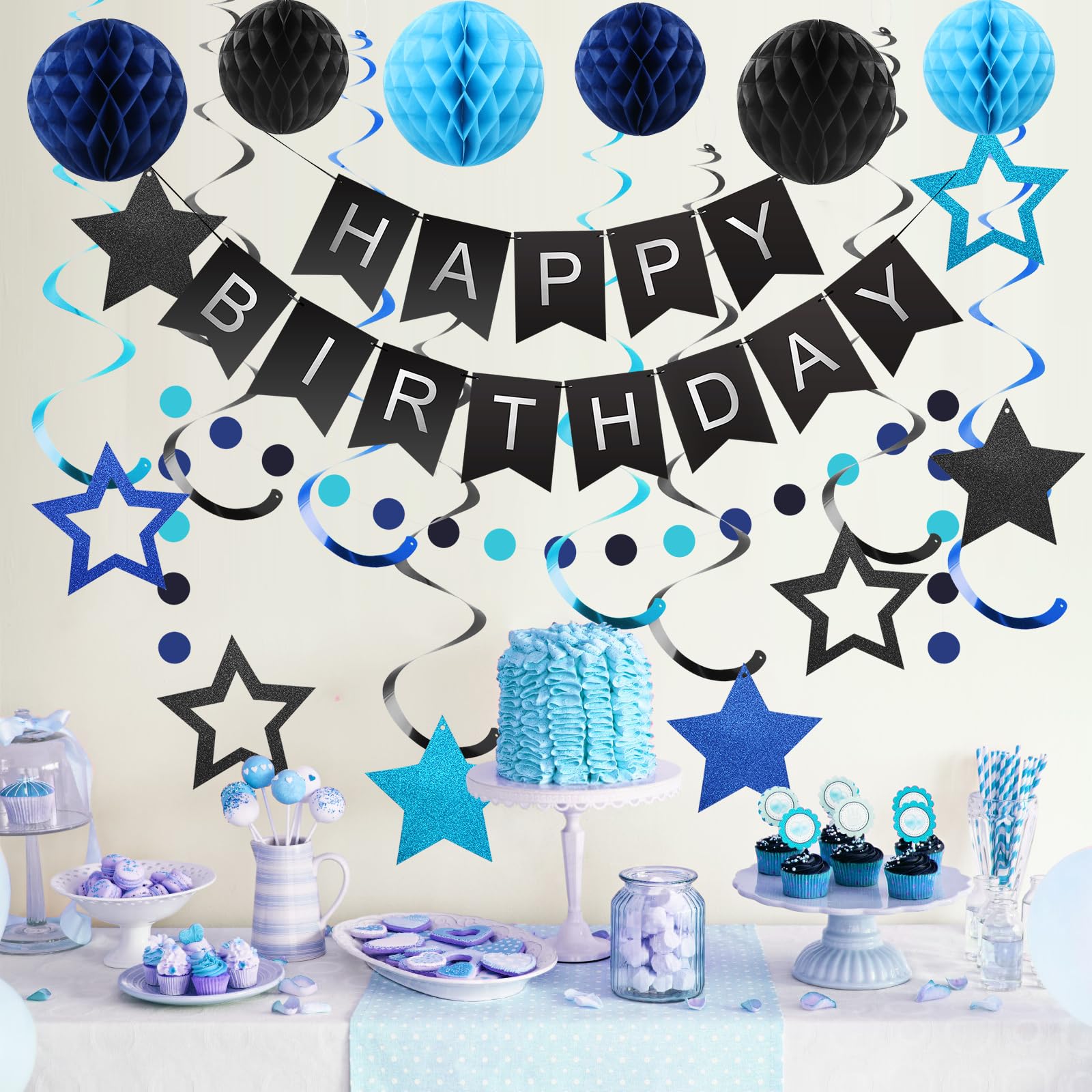 Meowtastic Birthday Decorations Set | Banner, Honeycomb Balls, Stars Swirl Streamers, Circle Dots Garland (Black & Blue)