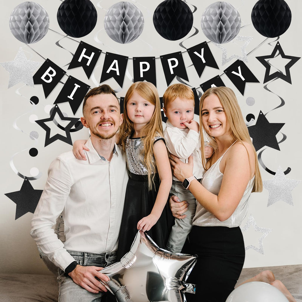 meowtastic Birthday Decorations - Happy Birthday Banner, Honeycomb Balls & Star Streamers in Black & Silver