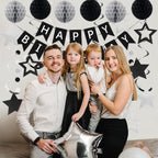 meowtastic Birthday Decorations - Happy Birthday Banner, Honeycomb Balls & Star Streamers in Black & Silver