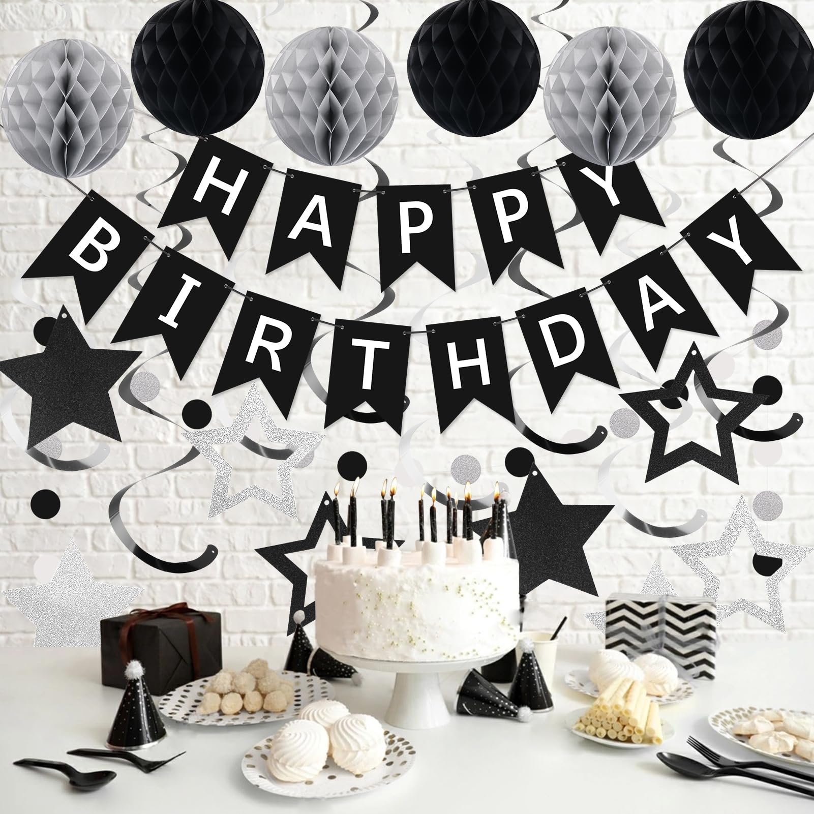 meowtastic Birthday Decorations - Happy Birthday Banner, Honeycomb Balls & Star Streamers in Black & Silver