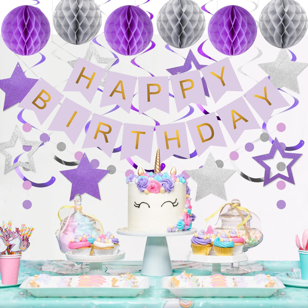 Meowtastic Birthday Decorations - Banner, Honeycomb Balls, Stars Swirls, Circle Dots (Purple & Silver)
