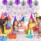Meowtastic Birthday Decorations - Banner, Honeycomb Balls, Stars Swirls, Circle Dots (Purple & Silver)