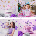 Meowtastic Birthday Decorations - Banner, Honeycomb Balls, Stars Swirls, Circle Dots (Purple & Silver)