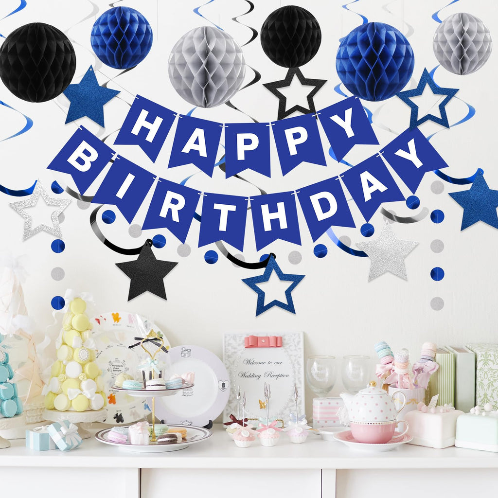 Meowtastic Birthday Decorations — Blue & Silver Banner, Honeycomb Balls & Swirl Streamers