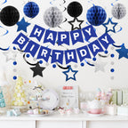 Meowtastic Birthday Decorations — Blue & Silver Banner, Honeycomb Balls & Swirl Streamers
