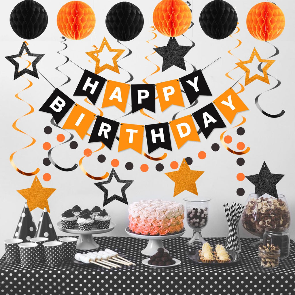 Meowtastic Birthday Decorations – Black & Orange Banner, Honeycomb Balls & Star Streamers