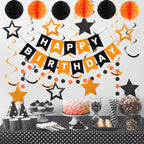 Meowtastic Birthday Decorations – Black & Orange Banner, Honeycomb Balls & Star Streamers